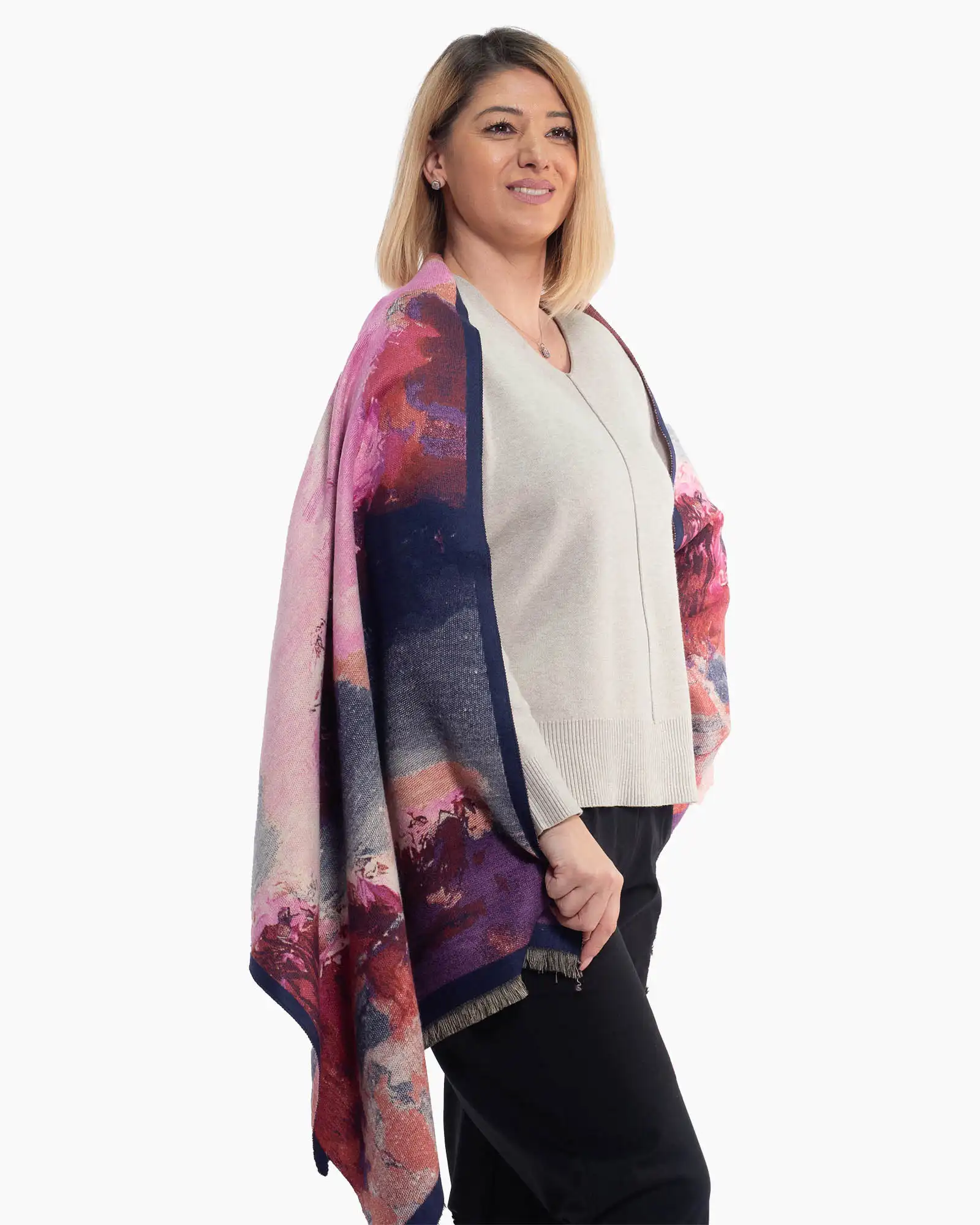 Eșarfă din lână cu imprimeu floral multicolor și franjuri delicate [3]