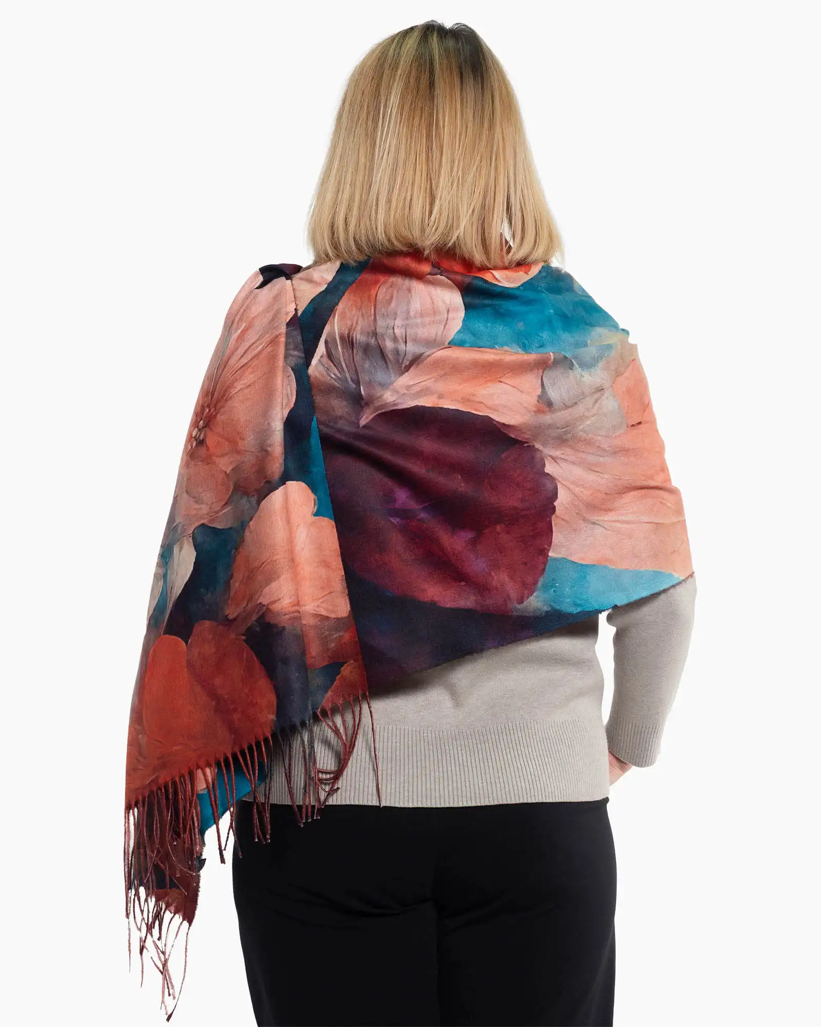 Eșarfă din vâscoză cu imprimeu floral multicolor și franjuri lungi [2]