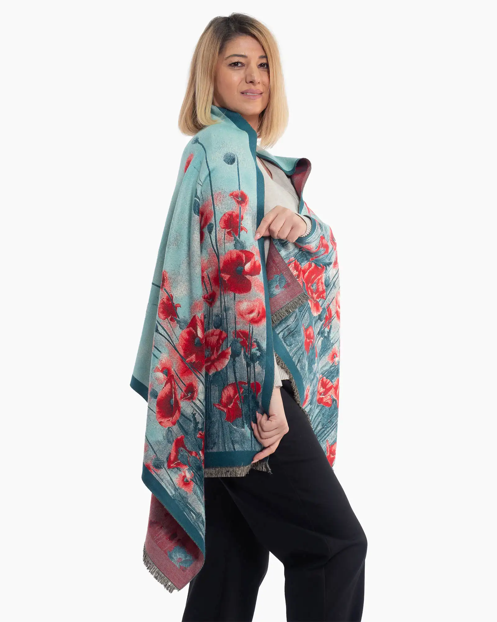 Eșarfă lejeră din lână multicoloră cu imprimeu floral și franjuri [3]