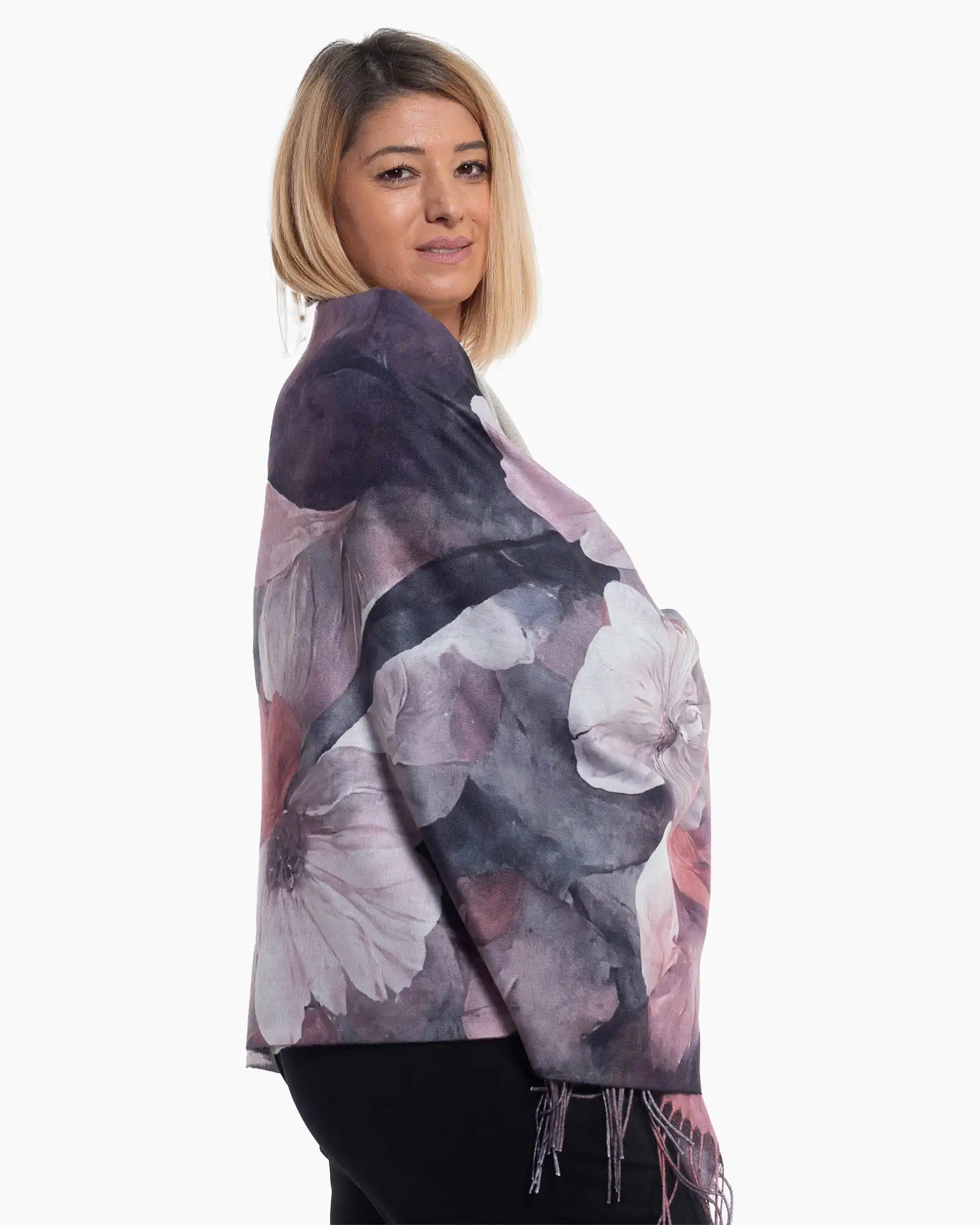 Eșarfă multicoloră din vâscoză cu imprimeu floral și franjuri lungi [3]