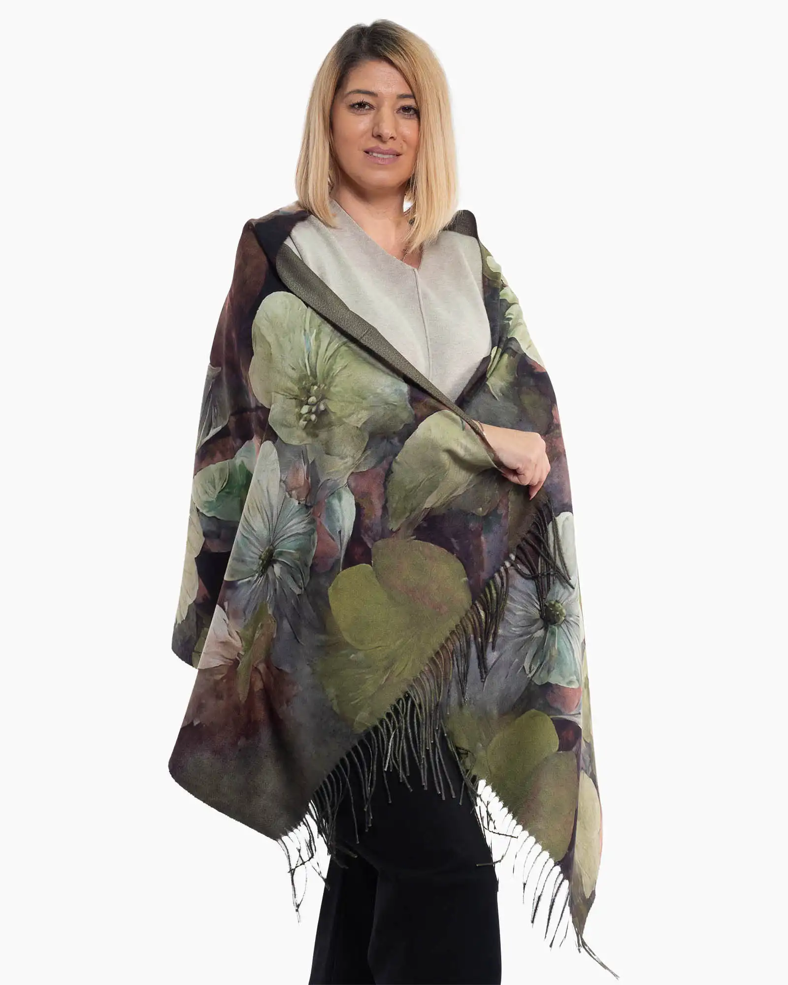 Eșarfă din vâscoză cu imprimeu floral multicolor și franjuri lungi [3]