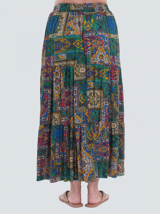 Fustă lungă verde vaporoasă cu imprimeu oriental și talie elastică boho-chic [3]