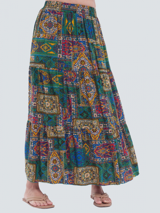 Fustă lungă verde vaporoasă cu imprimeu oriental și talie elastică boho-chic [2]