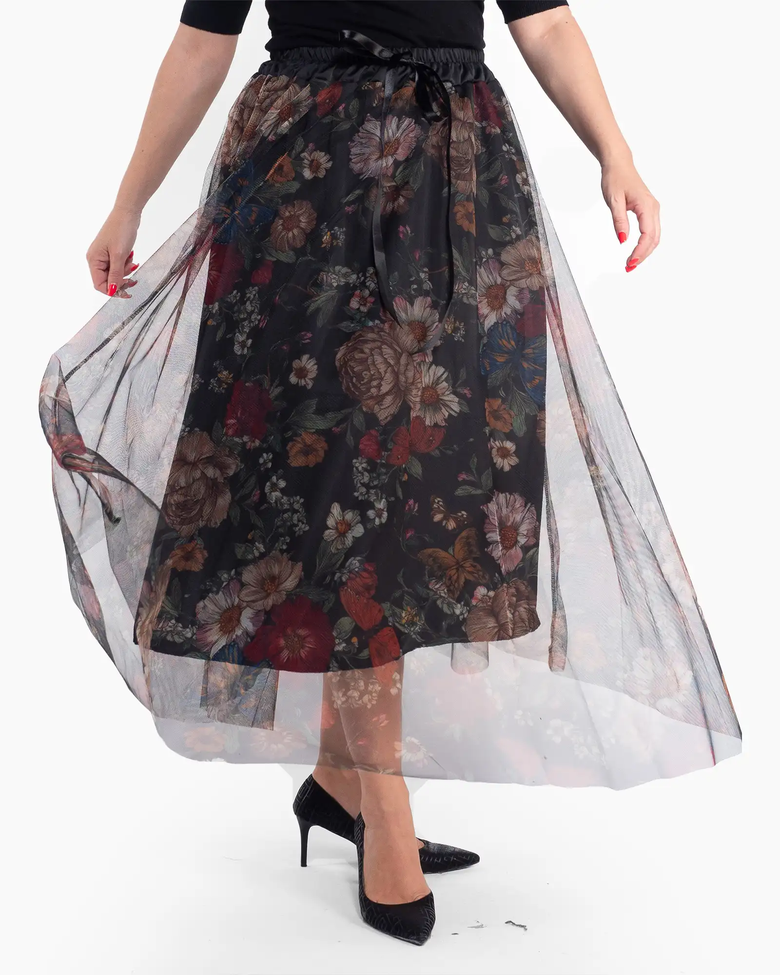 Fustă maxi neagră romantică din tul cu imprimeu floral [3]