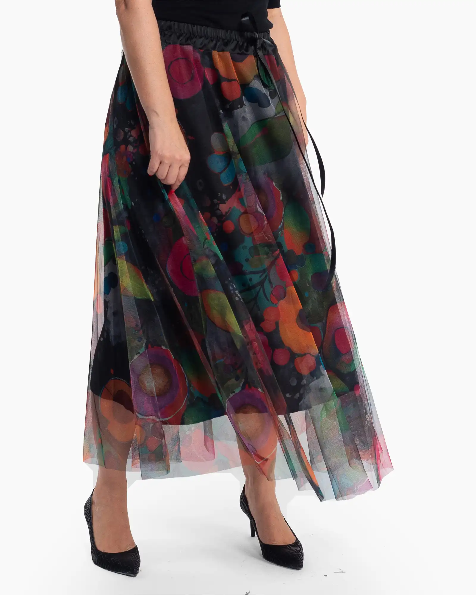 Fustă maxi romantică multicoloră din tul cu imprimeu artistic [3]
