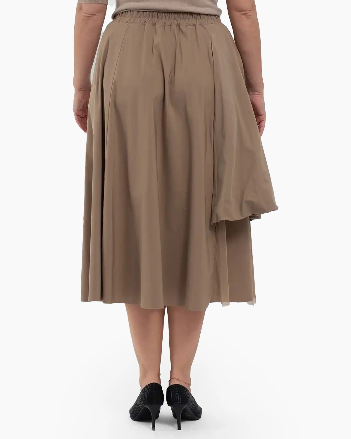 Fustă midi cu volane și tulle suprapus, elastic în talie, bej fango [2]