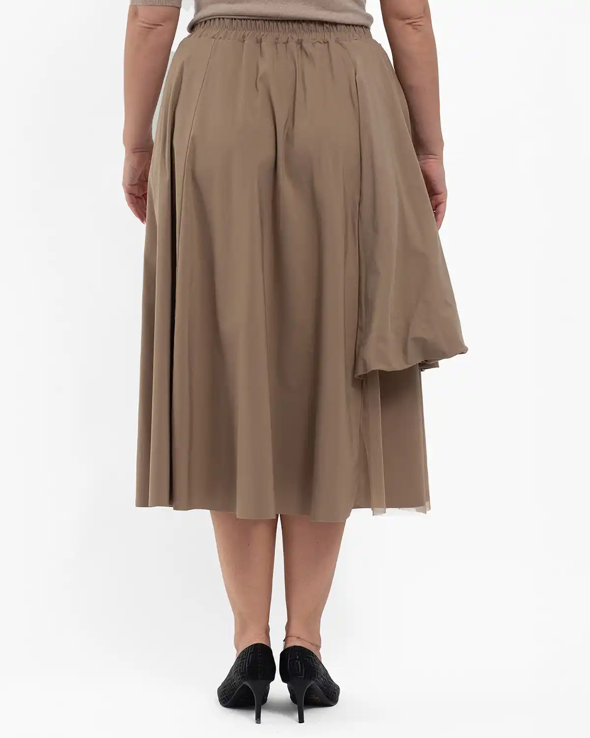 Fustă midi cu volane și tulle suprapus, elastic în talie, bej fango [2]