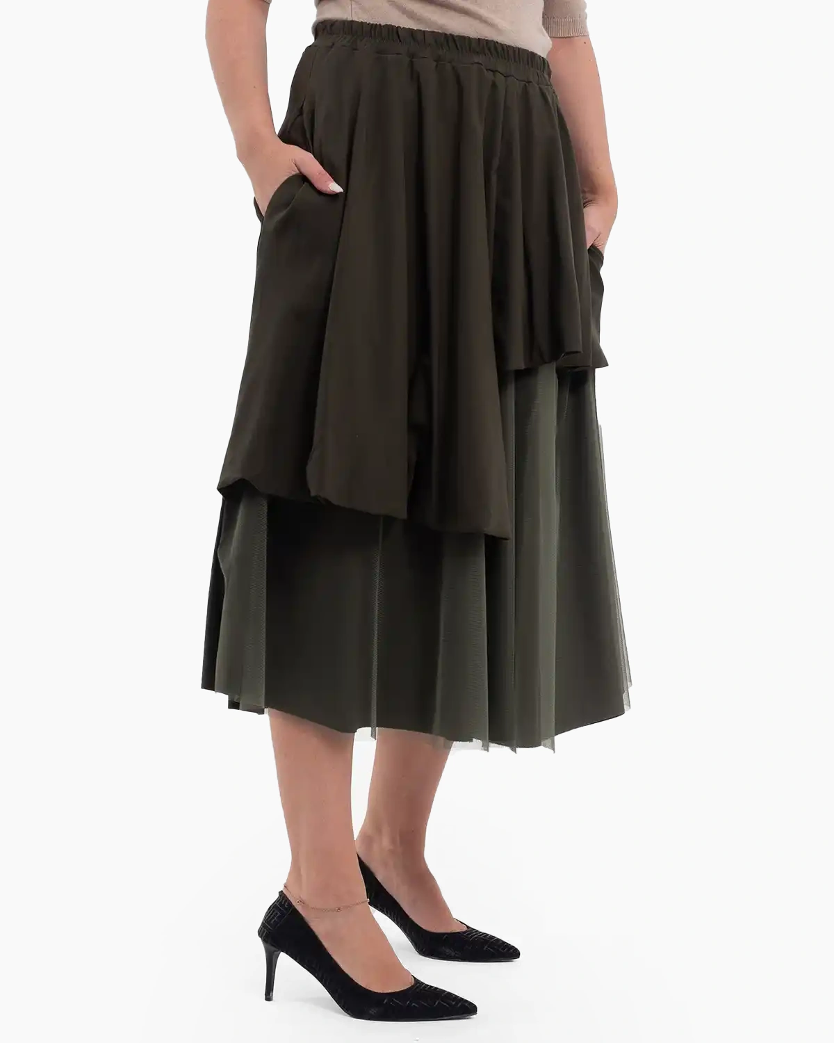 Fustă midi cu volane și tulle suprapus, elastic în talie, kaki [3]