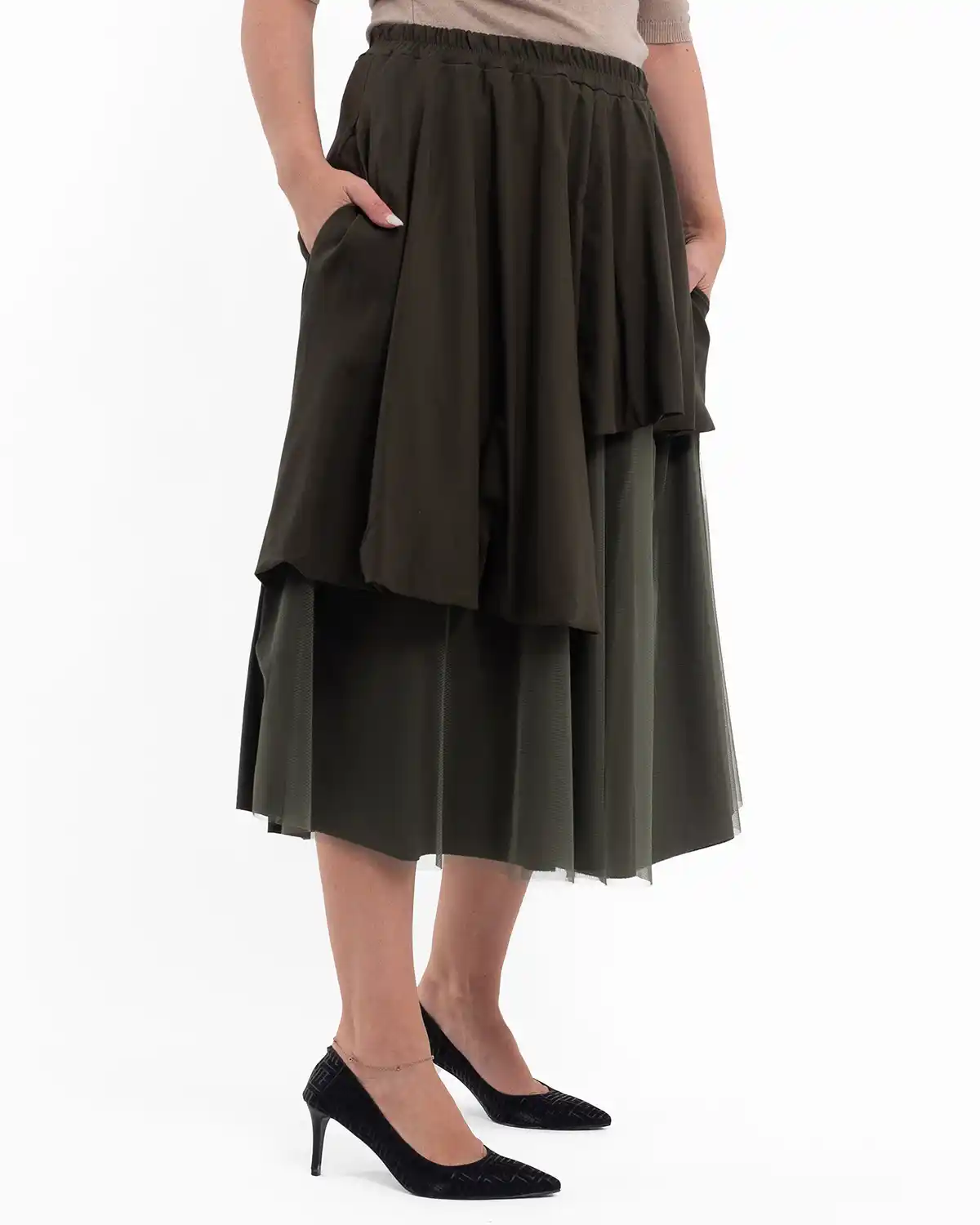 Fustă midi cu volane și tulle suprapus, elastic în talie, kaki [3]
