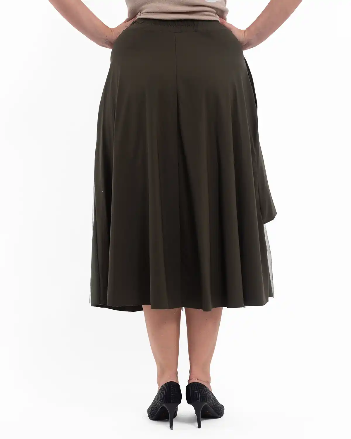 Fustă midi cu volane și tulle suprapus, elastic în talie, kaki [2]