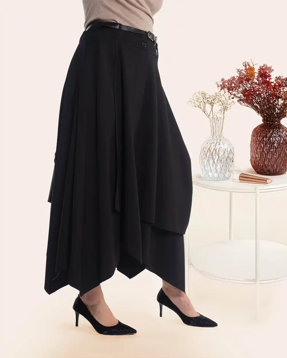 Fustă midi neagră asimetrică petrecută din vâscoză cu curea [3]