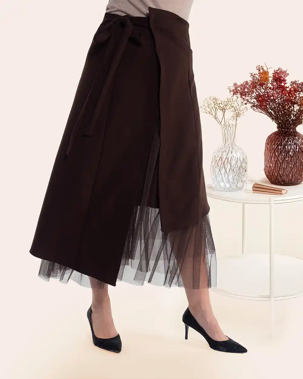 Fustă midi petrecută maro casual schic cu design asimetric [3]