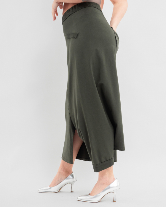 Fusta-Pantalon asimetrica kaki cu buzunar si crac singular [2]