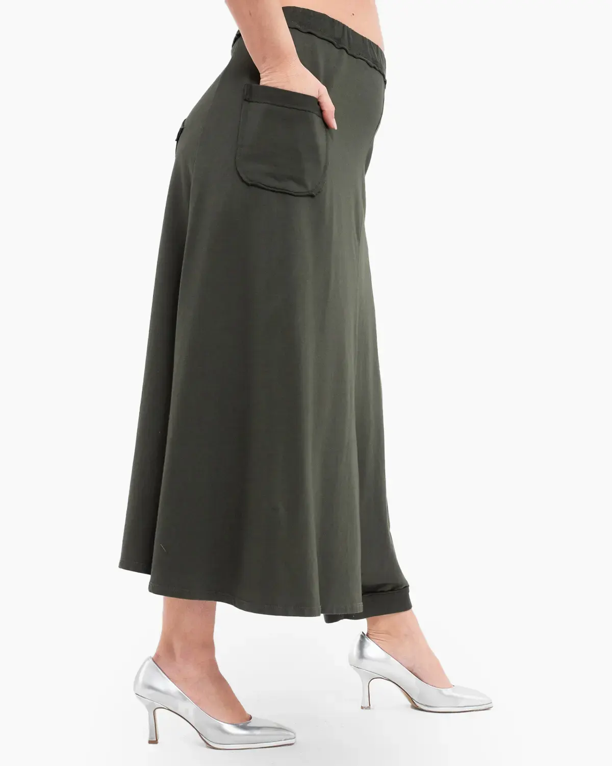 Fusta-Pantalon asimetrica kaki cu buzunar si crac singular [3]