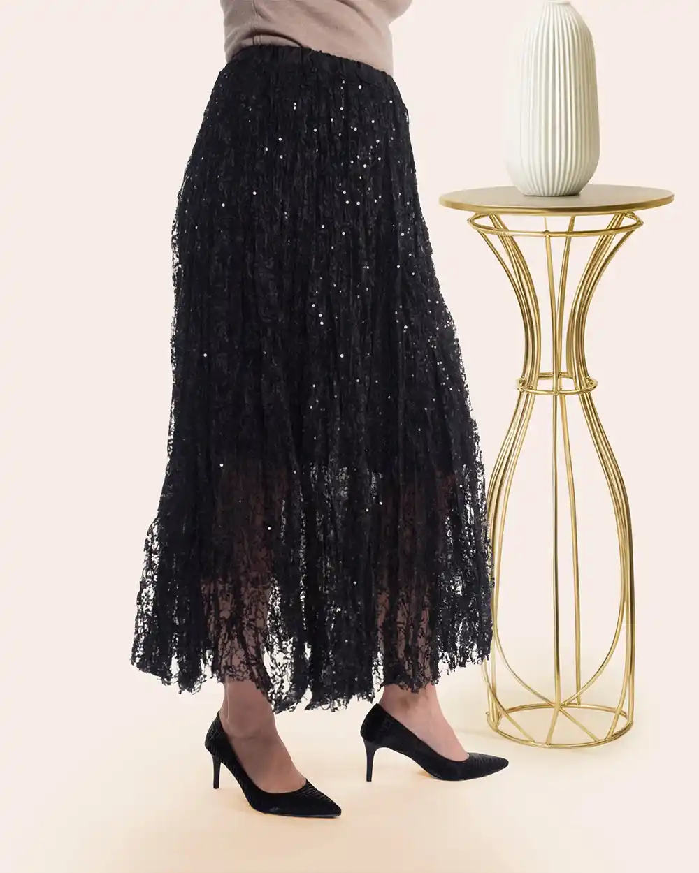 Fustă retro glam lungă din dantelă neagră inserție de paiete sclipitoare [3]