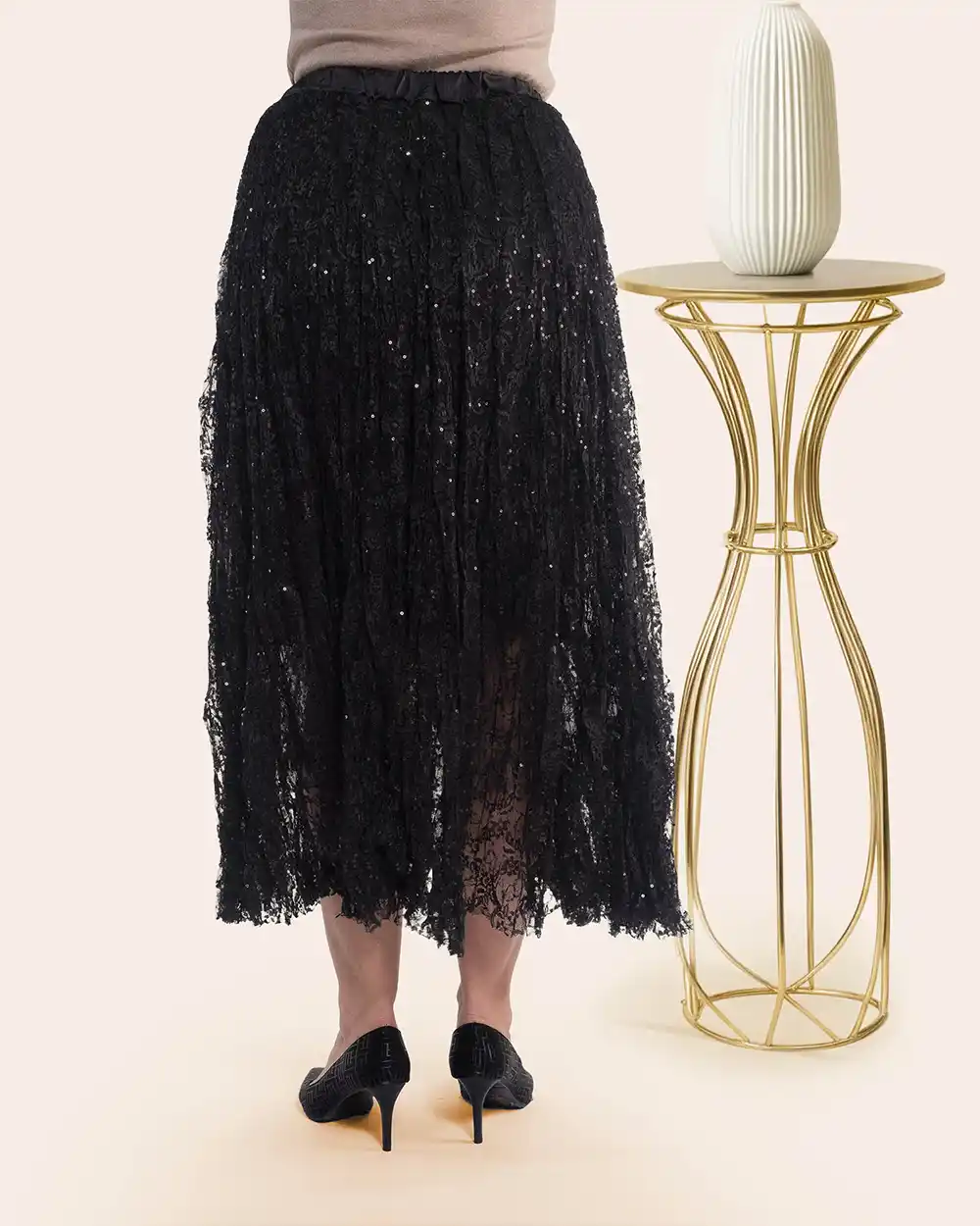 Fustă retro glam lungă din dantelă neagră inserție de paiete sclipitoare [2]