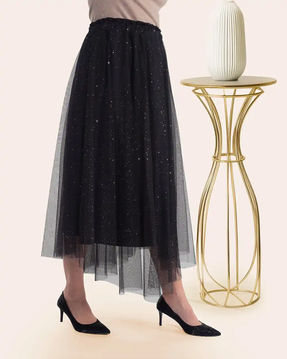 Fustă retro glam midi neagră sclipitoare cu tul din plasă [3]