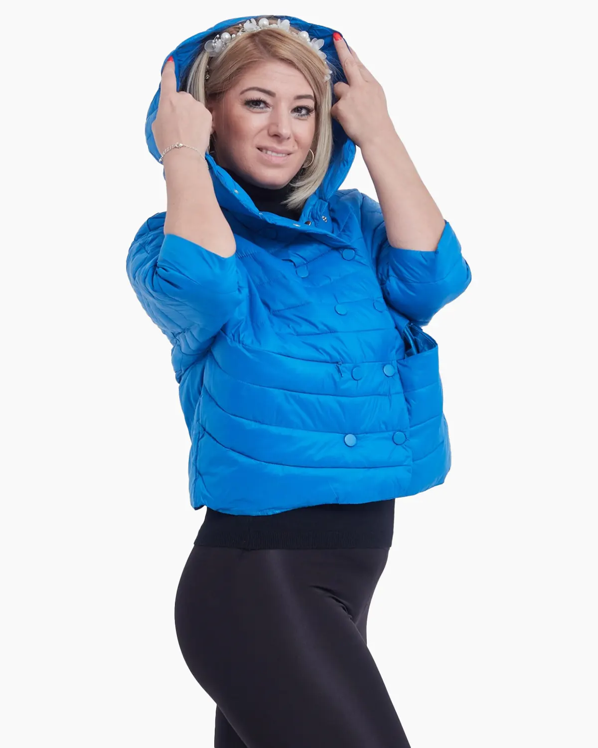 Geaca albastra oversize cu gluga si inchidere cu capse [2]
