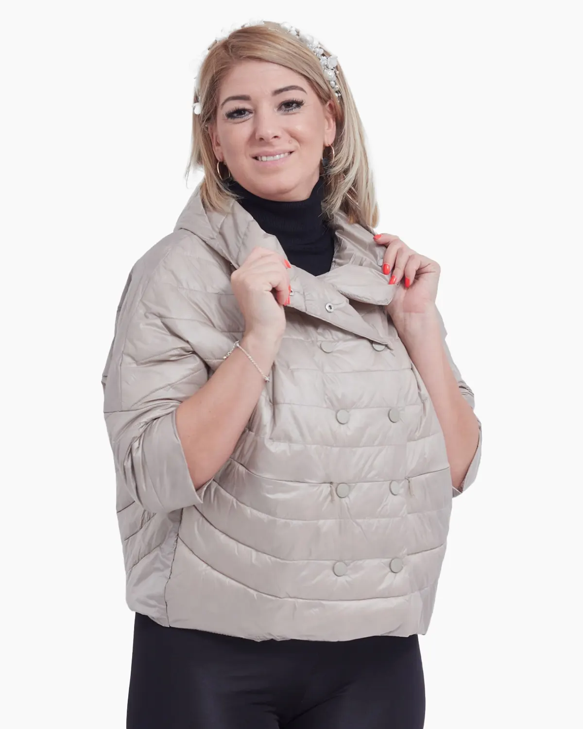 Geaca bej oversize cu gluga si inchidere cu capse [1]
