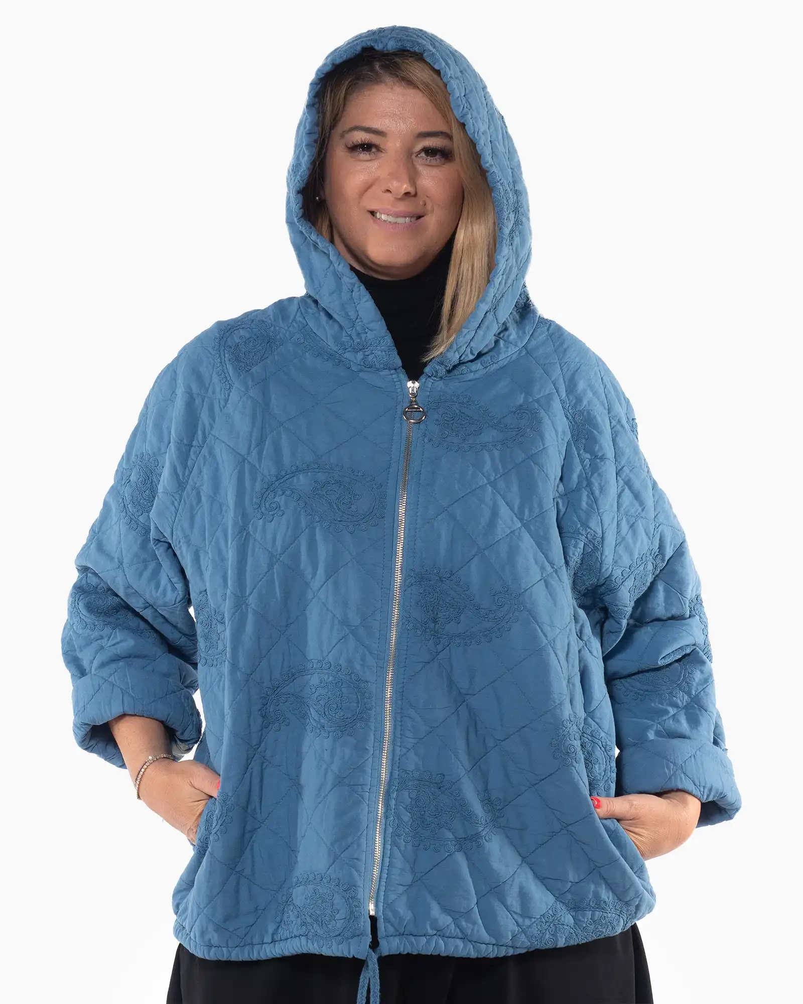 Geacă bleu matlasată de toamnă, cu design casual amplu și confortabil [3]