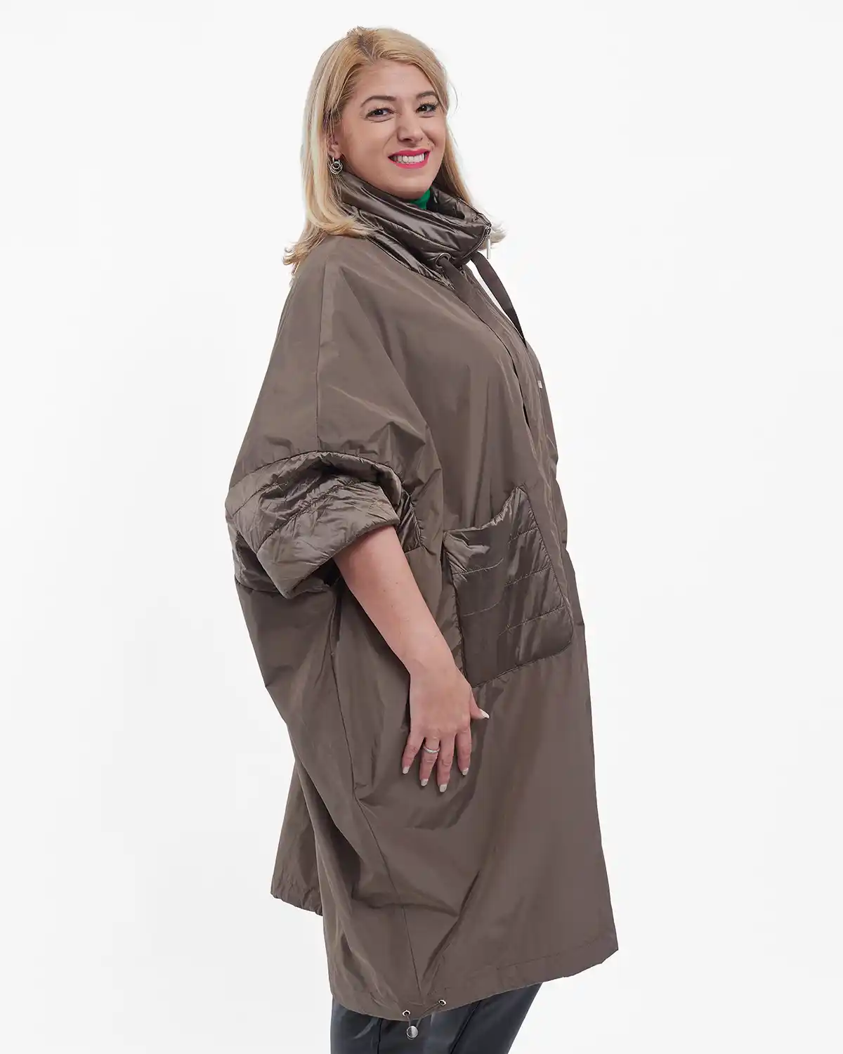 Geacă damă midi cu croială fluture, stil casual chic pentru toamnă, bej fango [3]