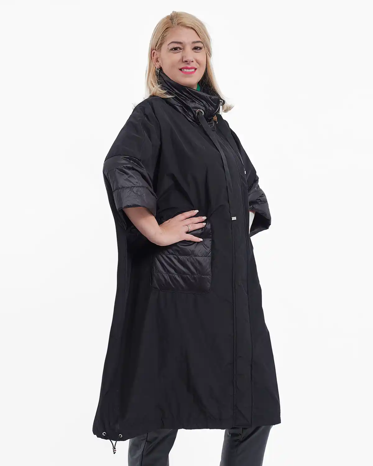 Geacă damă midi cu croială fluture, stil casual chic pentru toamnă, neagră [3]