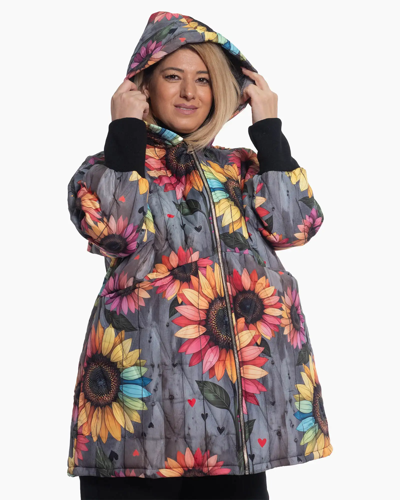 Geacă gri fluidă în stil boho cu imprimeu artistic [3]