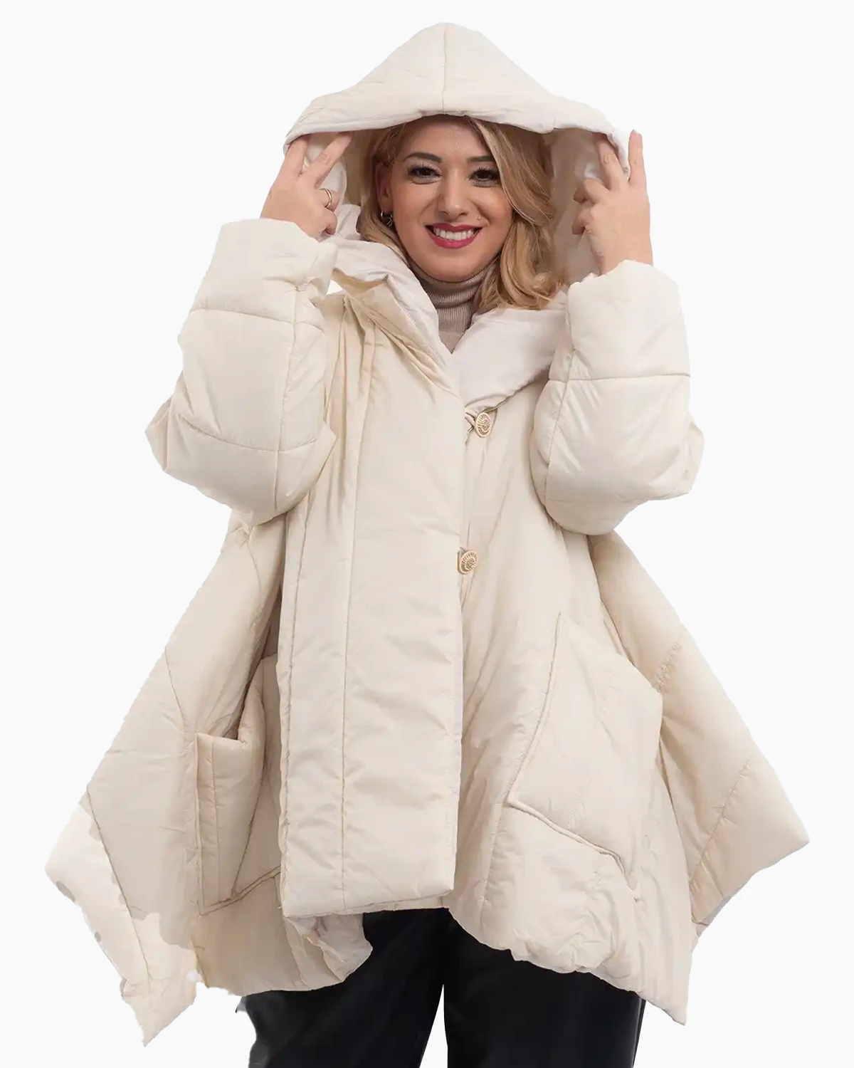 Geacă largă asimetrică cu glugă și nasturi eleganți, albă [3]