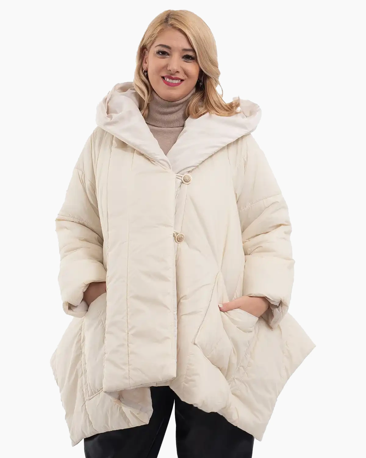 Geacă largă asimetrică cu glugă și nasturi eleganți, albă [4]