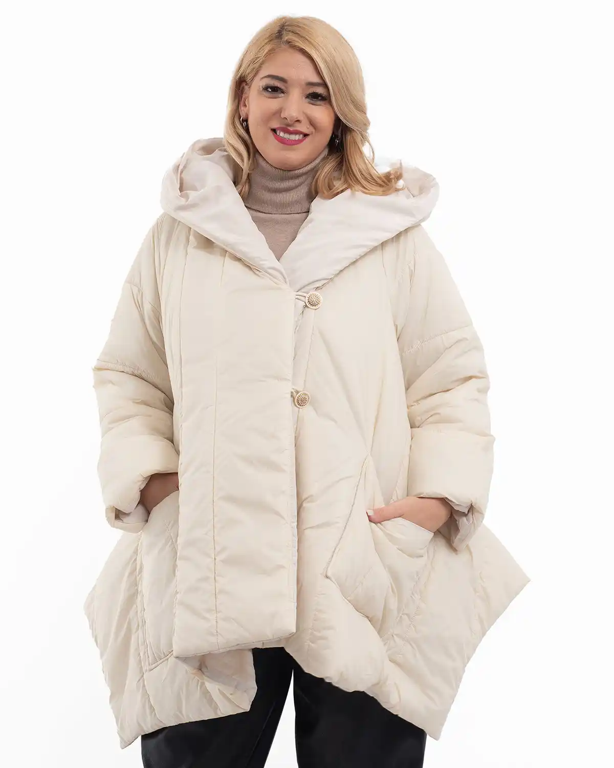 Geacă largă asimetrică cu glugă și nasturi eleganți, albă [4]