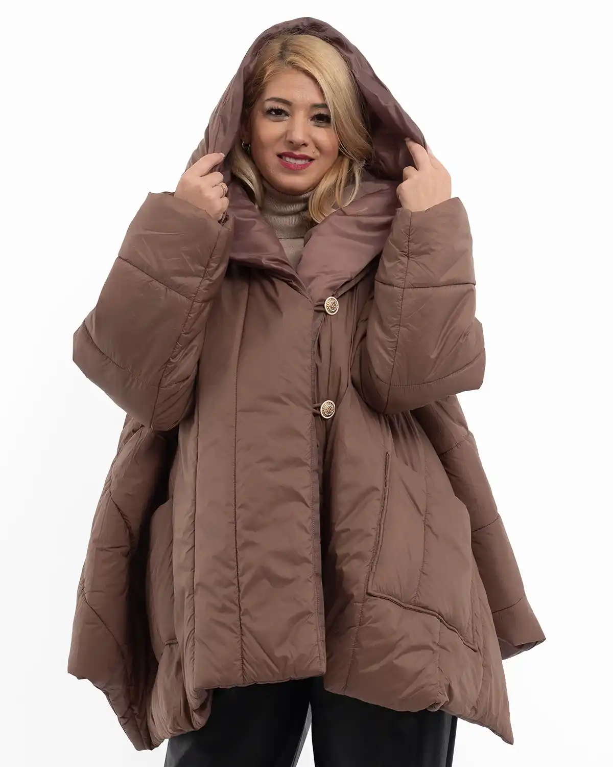Geacă largă asimetrică cu glugă și nasturi eleganți, ciocolatiu [3]