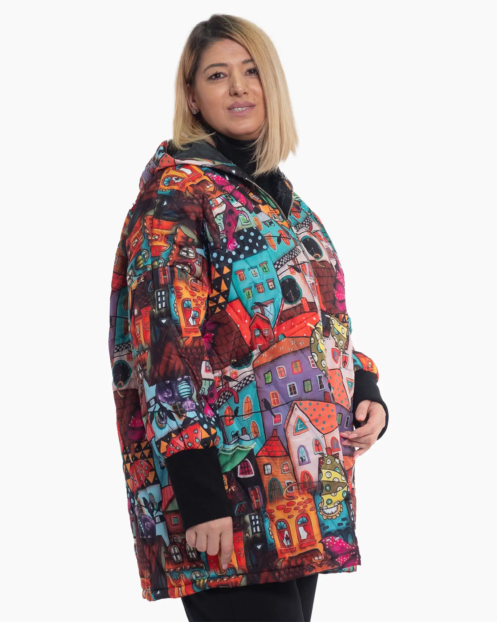 Geacă lungă boho cu linie fluidă și imprimeu artistic multicolor [4]