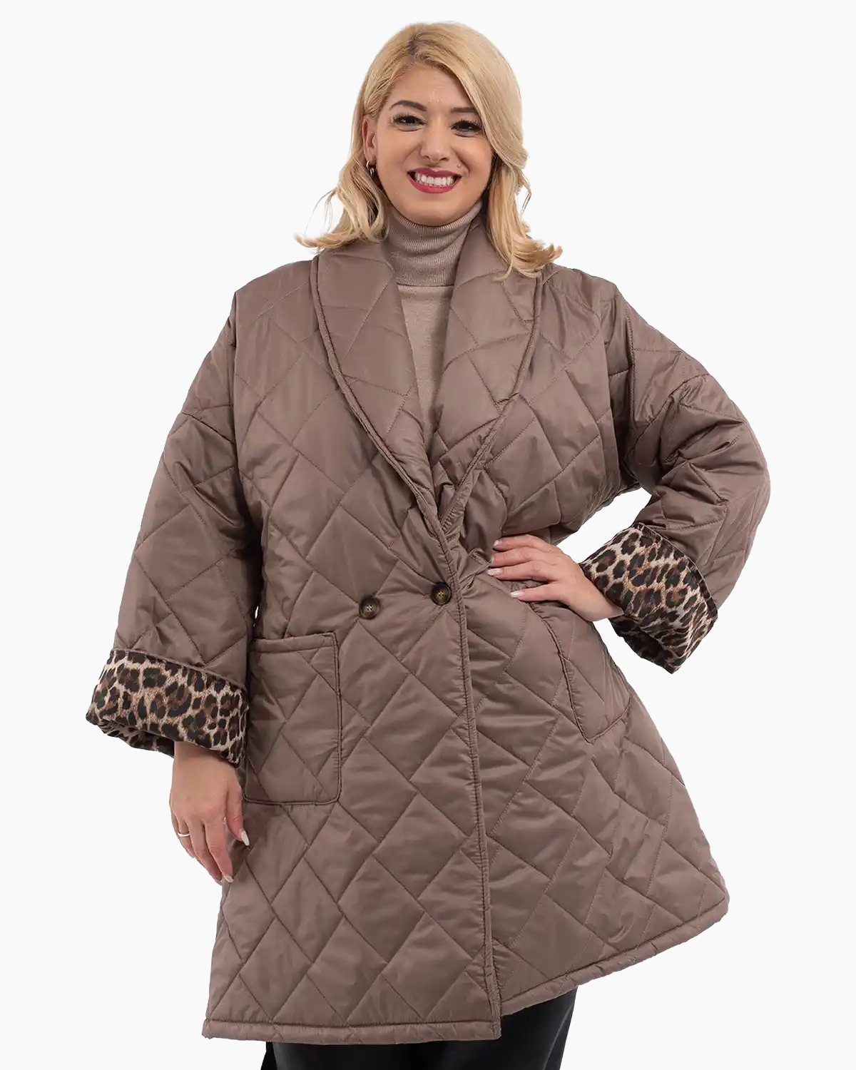 Geacă lungă matlasată cu guler șal și căptușeală leopard, ciocolatiu [2]