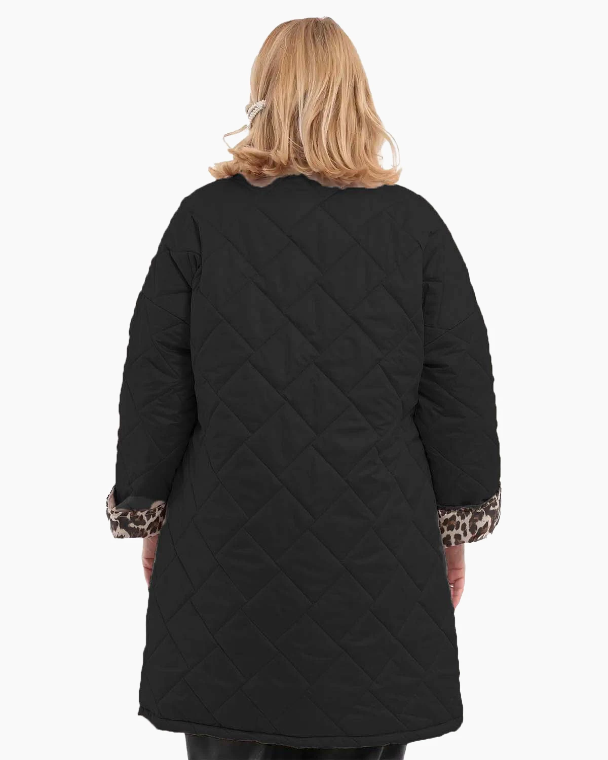 Geacă lungă matlasată cu guler șal și căptușeală leopard, neagră [3]