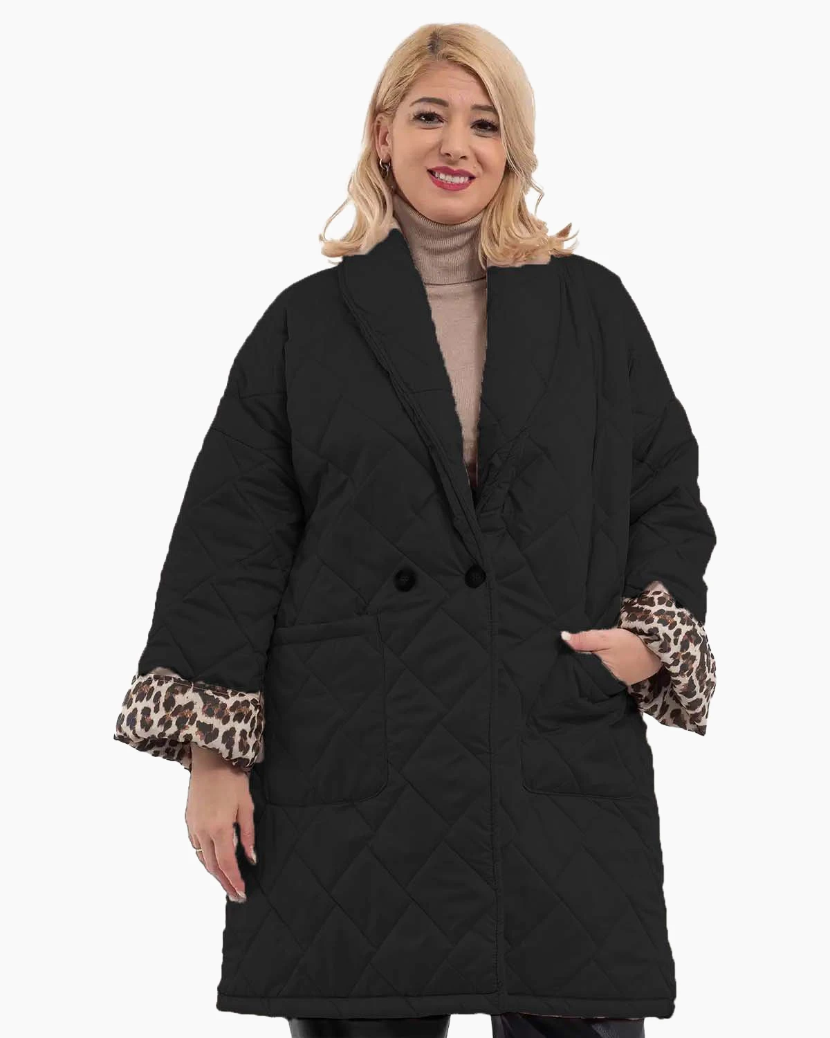 Geacă lungă matlasată cu guler șal și căptușeală leopard, neagră [2]