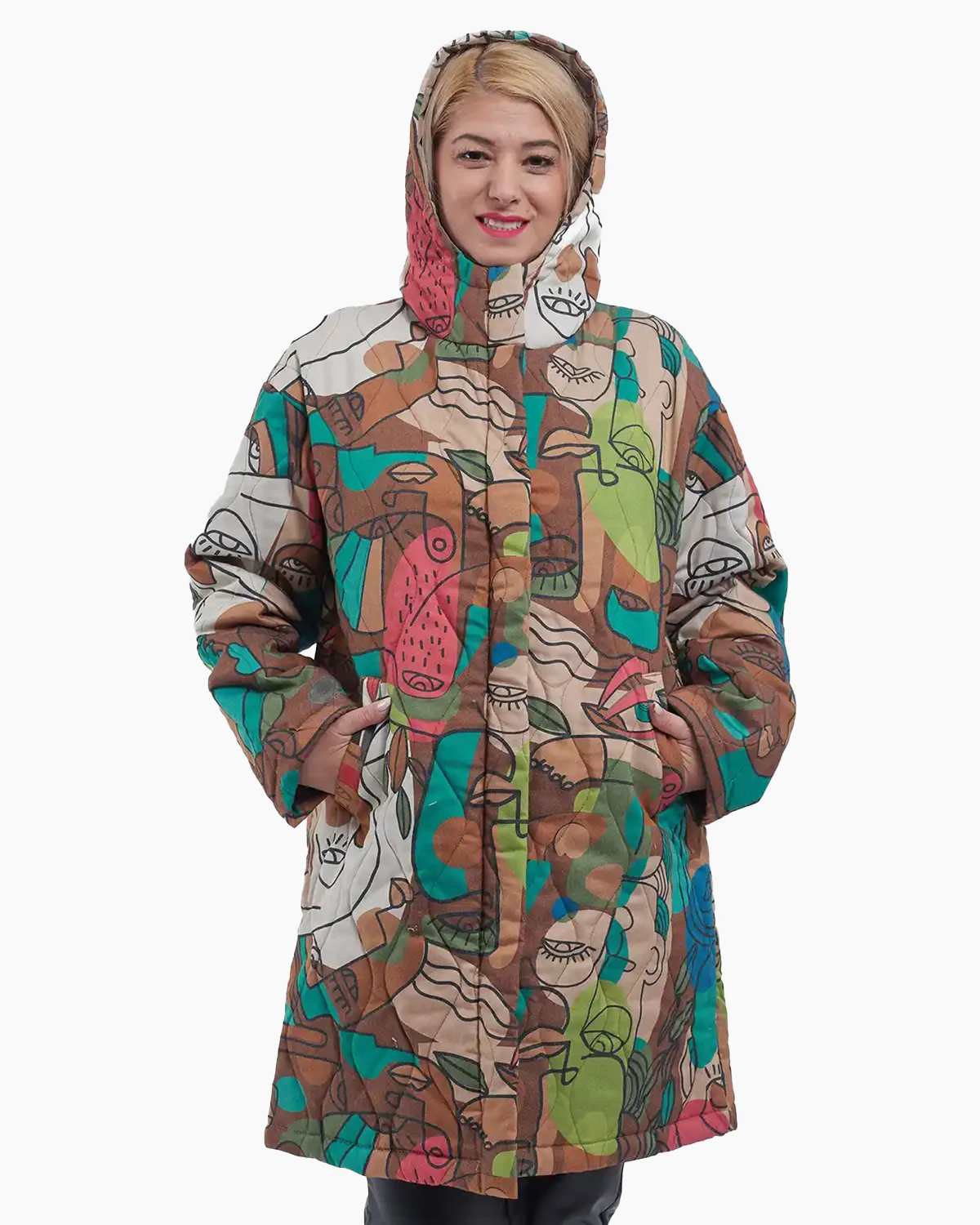 Geacă midi multicoloră cu imprimeu abstract stil Picasso cu glugă maro [3]