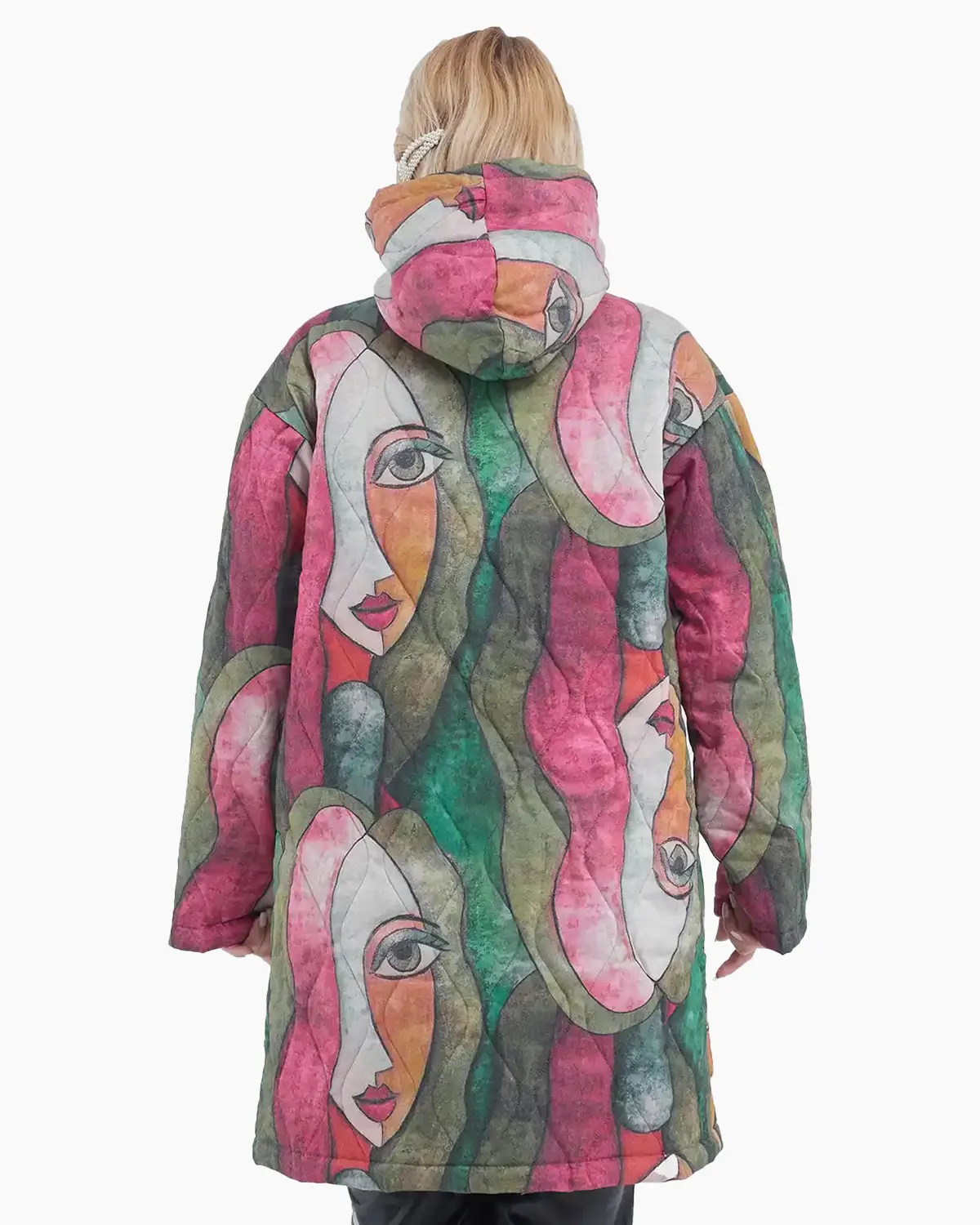Geacă midi multicoloră cu imprimeu abstract stil Picasso cu glugă, verde cu roz [2]