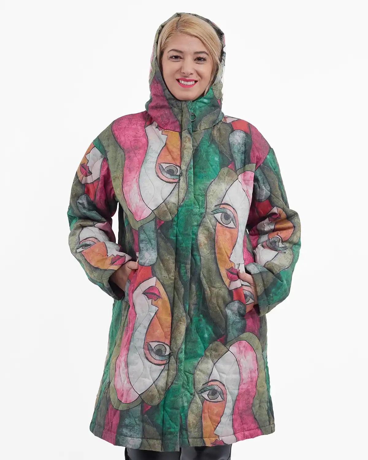 Geacă midi multicoloră cu imprimeu abstract stil Picasso cu glugă, verde cu roz [3]