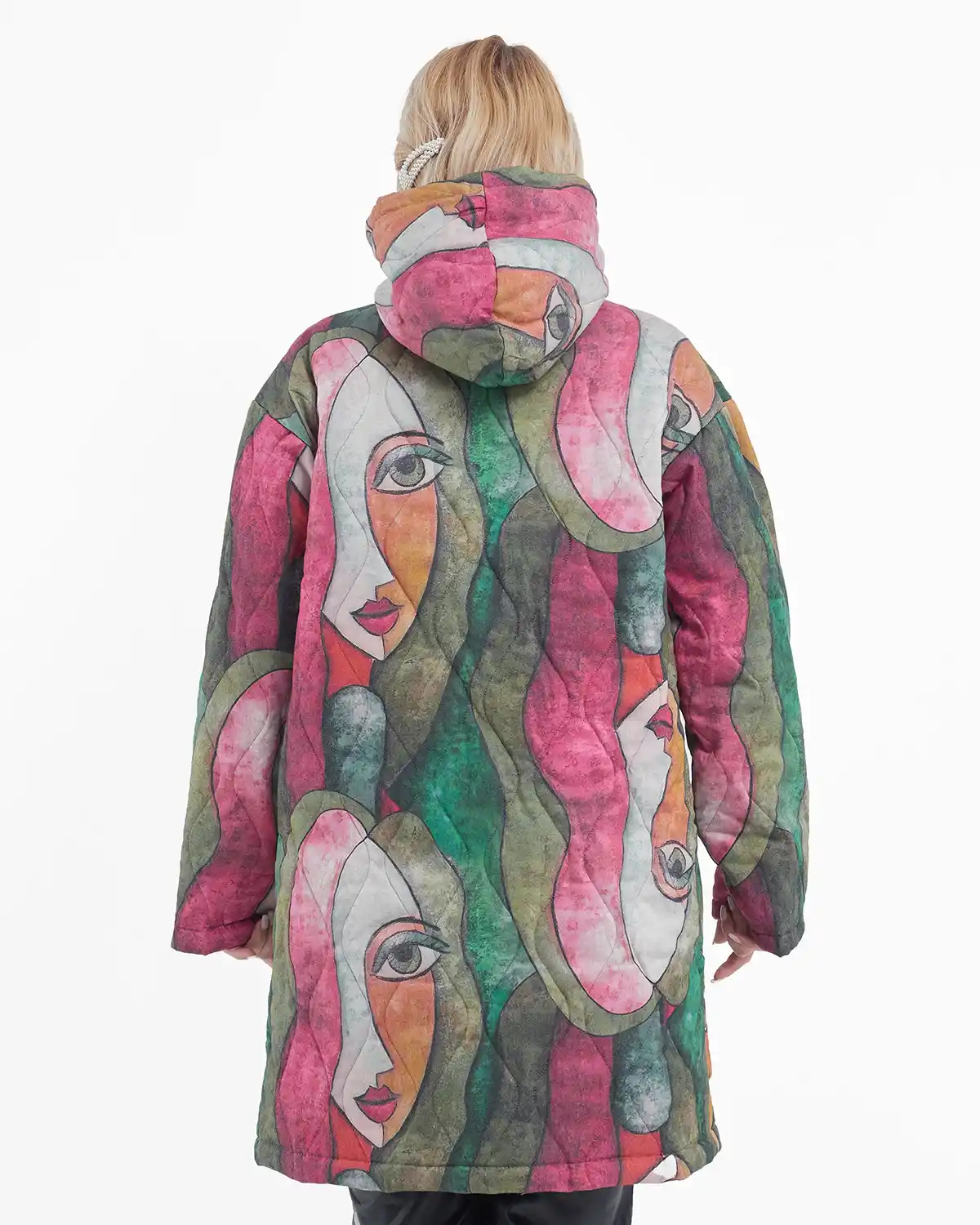 Geacă midi multicoloră cu imprimeu abstract stil Picasso cu glugă, verde cu roz [2]