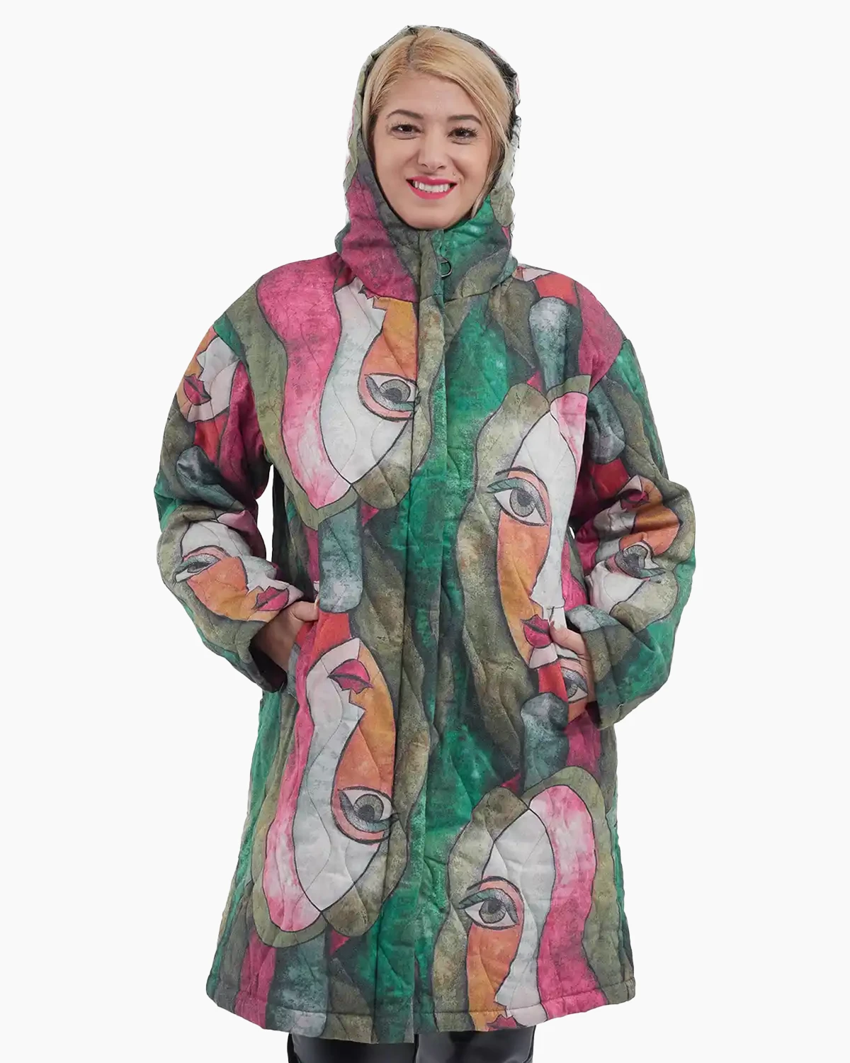 Geacă midi multicoloră cu imprimeu abstract stil Picasso cu glugă, verde cu roz [3]
