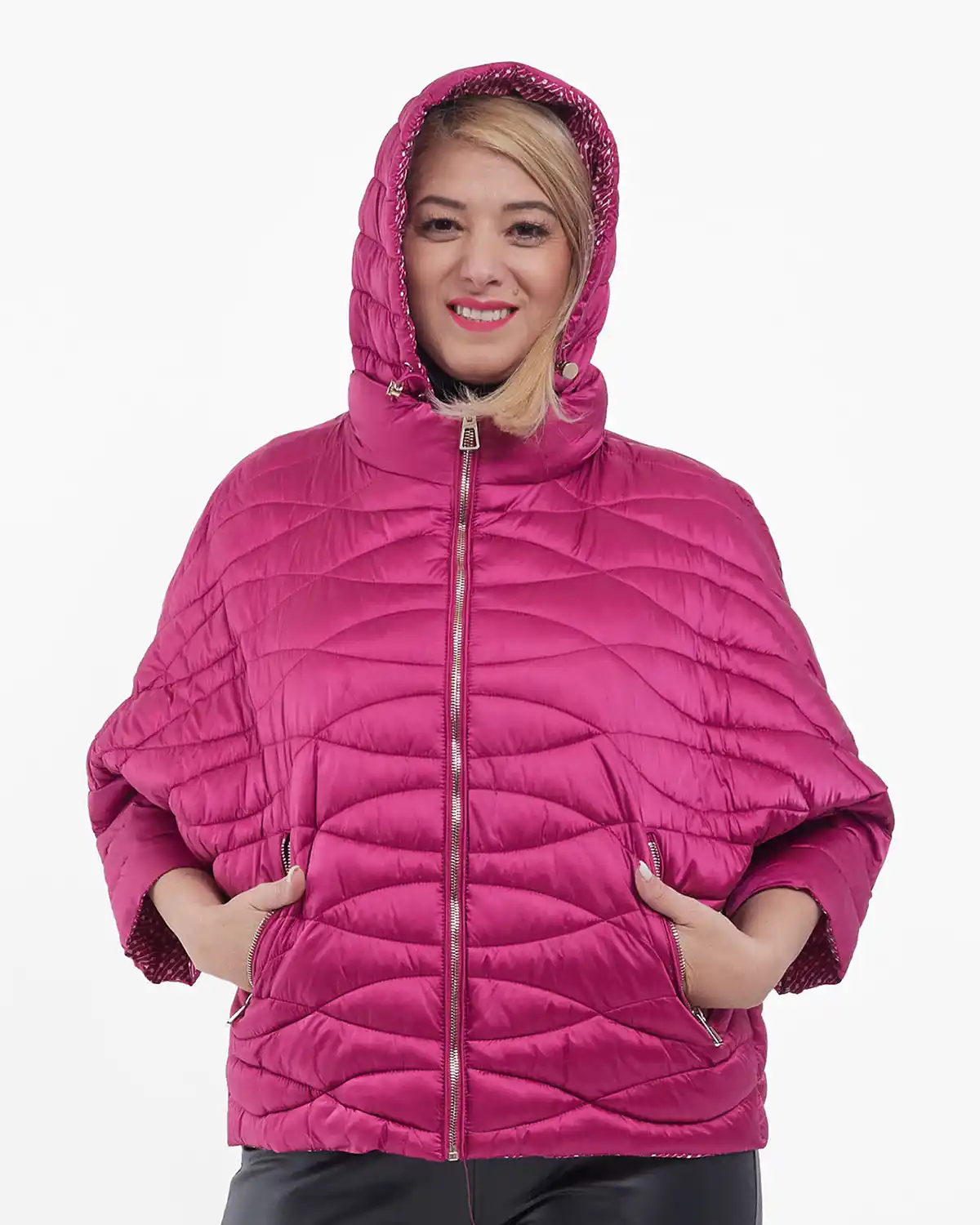 Geacă scurtă cu croială fluture, cusături ondulate și glugă detașabilă, fucsia [3]