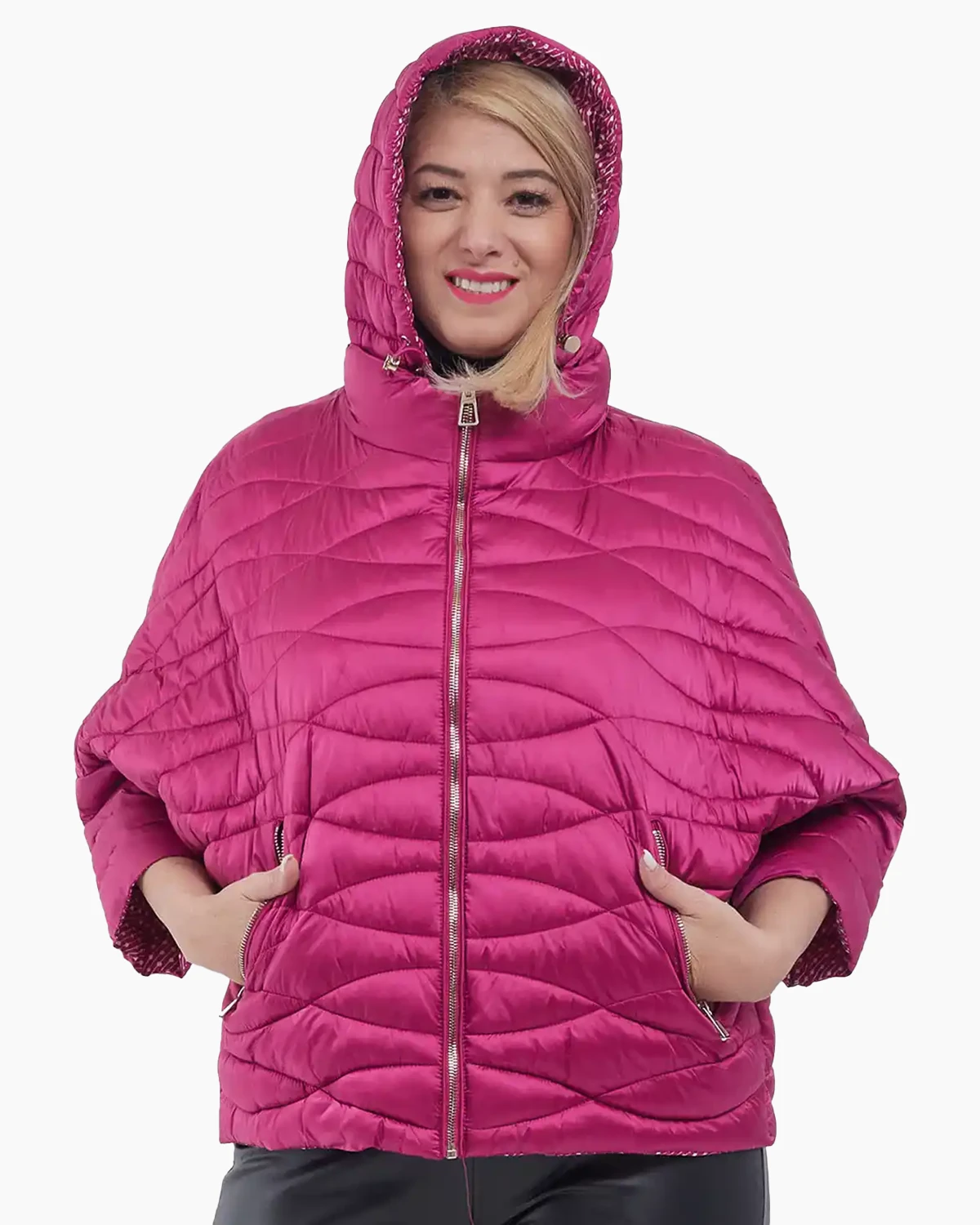 Geacă scurtă cu croială fluture, cusături ondulate și glugă detașabilă, fucsia [3]