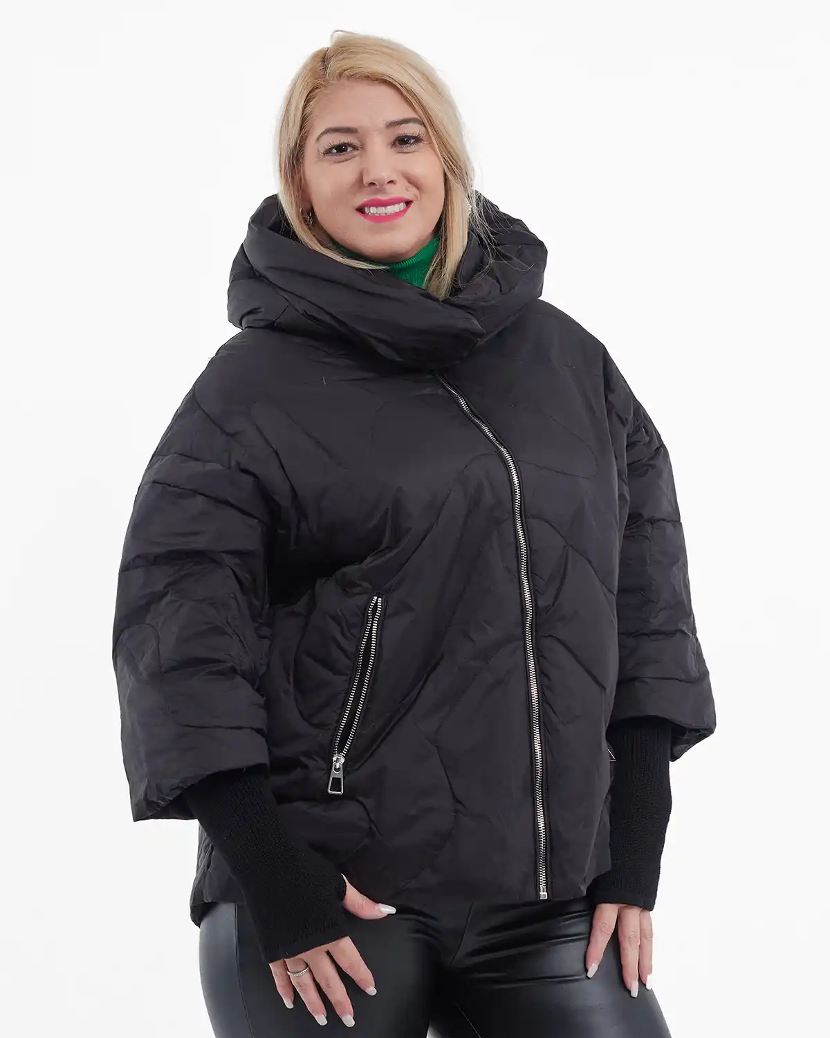 Geacă scurtă din fâș, umplută cu puf, glugă detașabilă, stil urban chic, neagră [3]