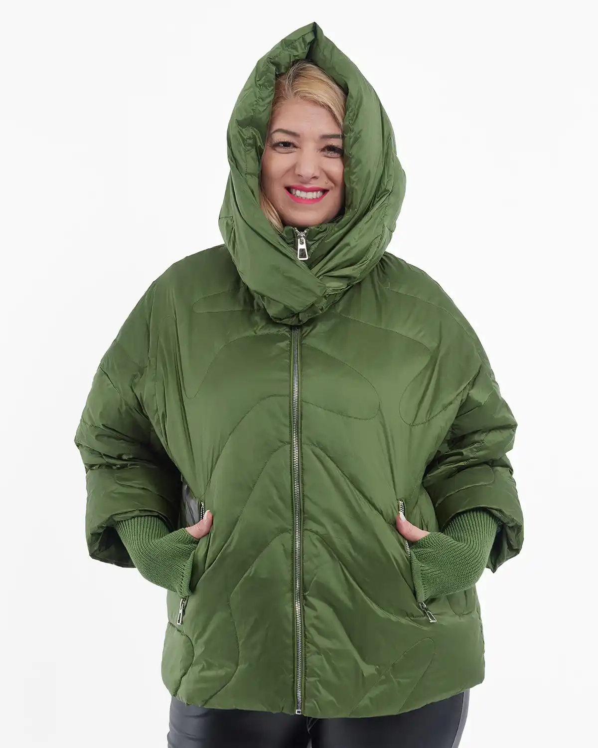 Geacă scurtă din fâș, umplută cu puf, glugă detașabilă, stil urban chic, verde [4]