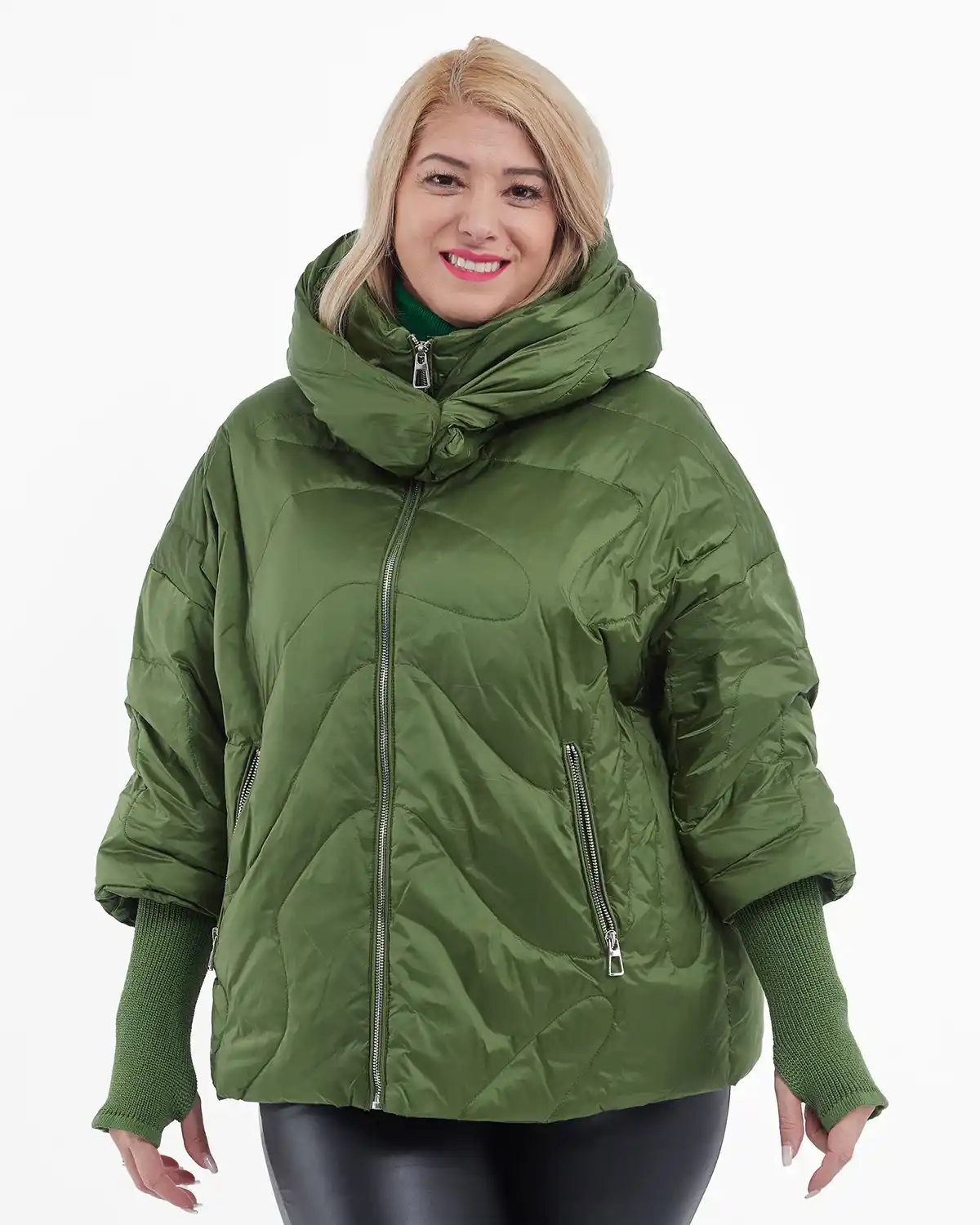 Geacă scurtă din fâș, umplută cu puf, glugă detașabilă, stil urban chic, verde [3]