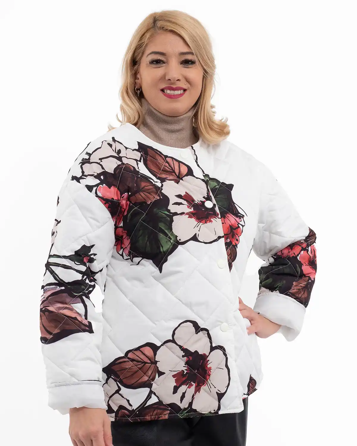 Geacă scurtă matlasată cu imprimeu floral și capse, albă [3]