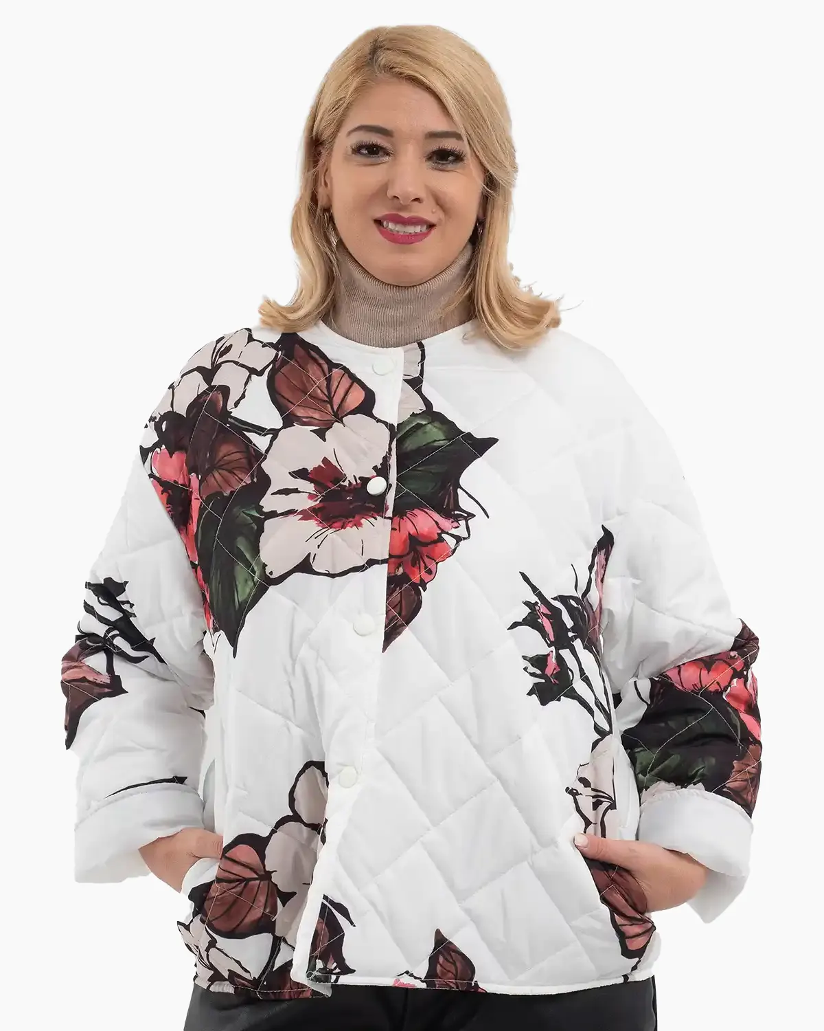 Geacă scurtă matlasată cu imprimeu floral și capse, albă [1]