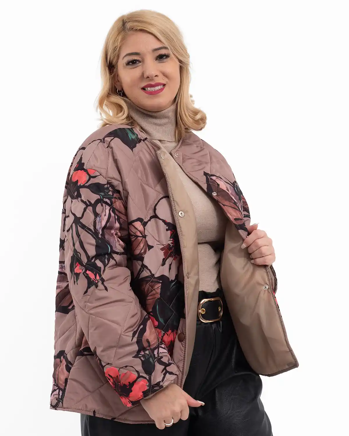 Geacă scurtă matlasată cu imprimeu floral și capse, bej fango [3]