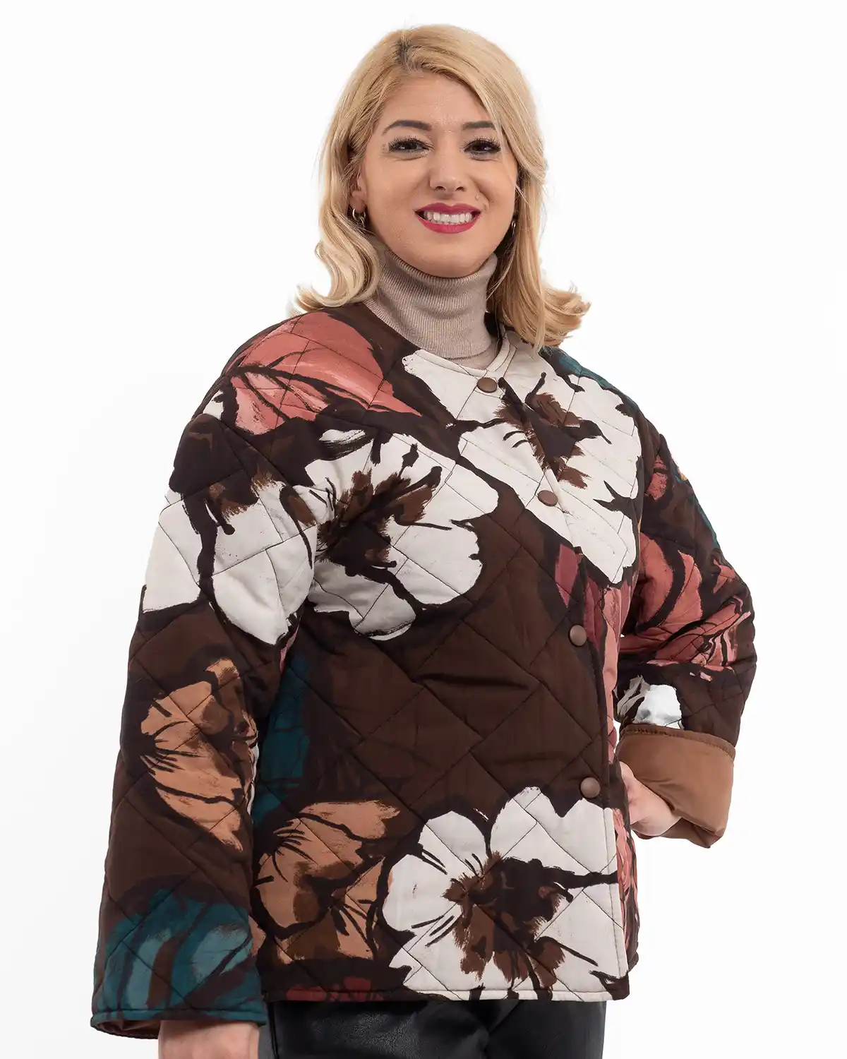 Geacă scurtă matlasată cu imprimeu floral și capse, maro [3]