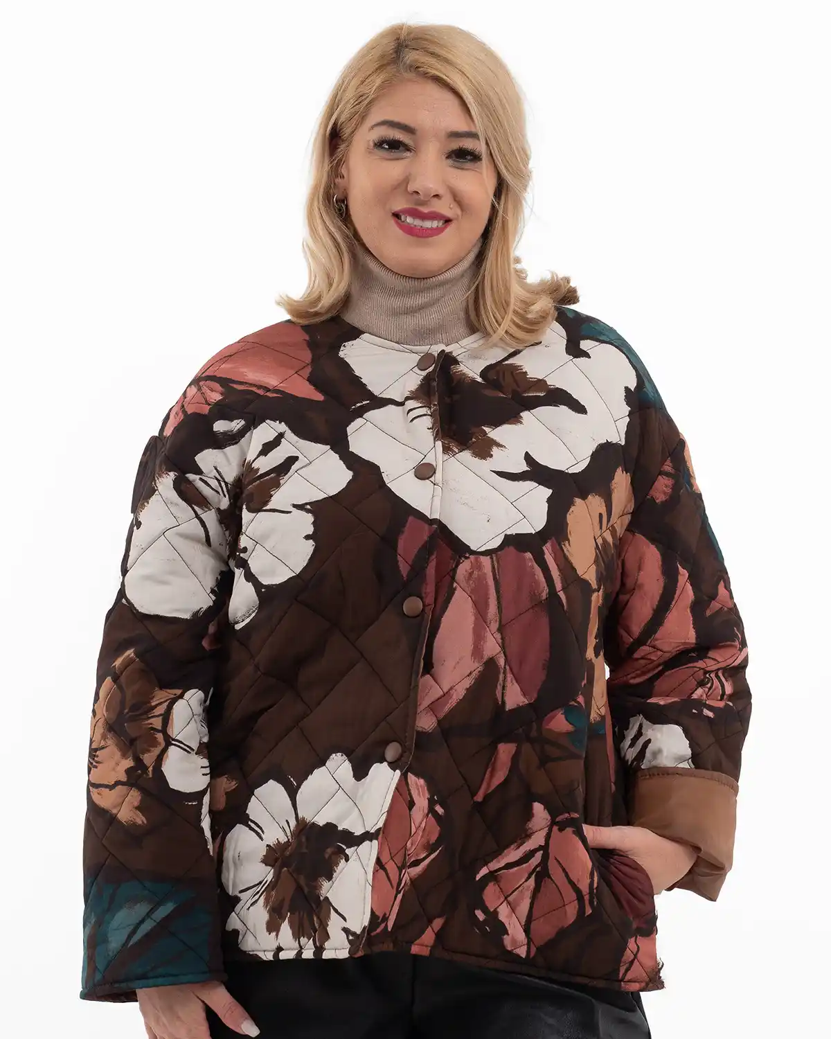 Geacă scurtă matlasată cu imprimeu floral și capse, maro [1]